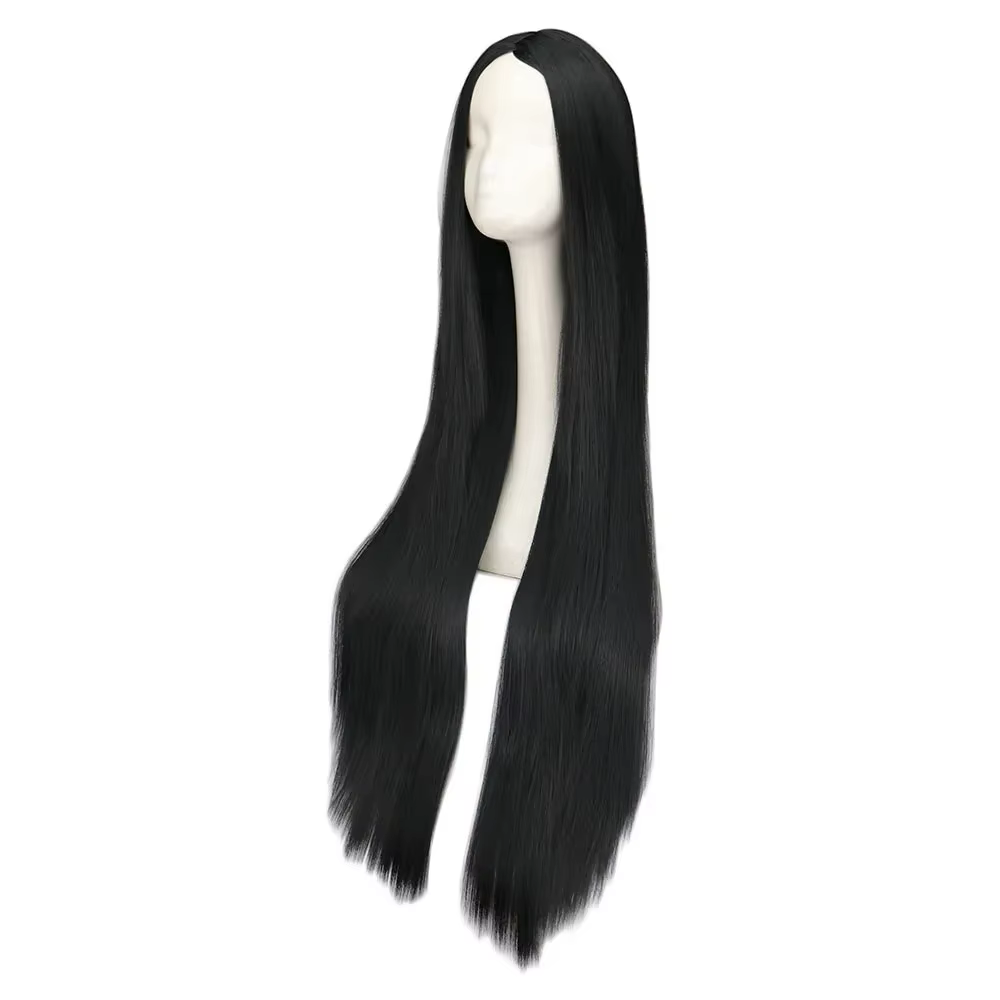 Perruque Synthétique Longue Noire de 100cm/40 ans, Cheveux Lisses, Degré de Chaleur, Costume de Carn