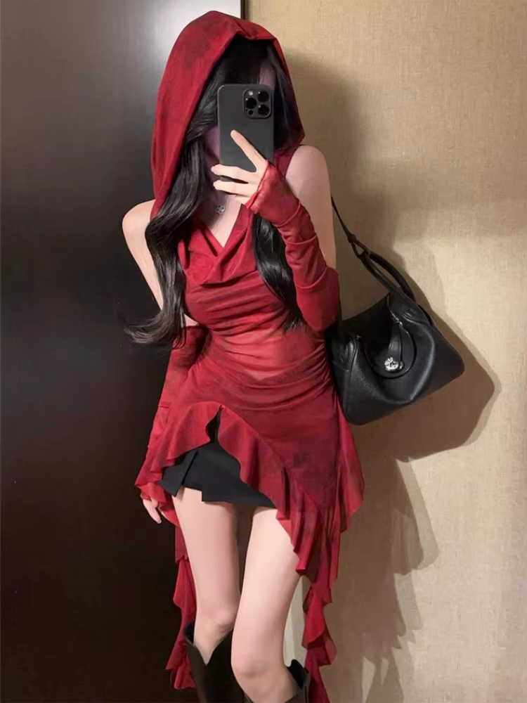Haut transparent en maille rouge, Streetwear, T-shirt à capuche, manches longues à volants irrégulie
