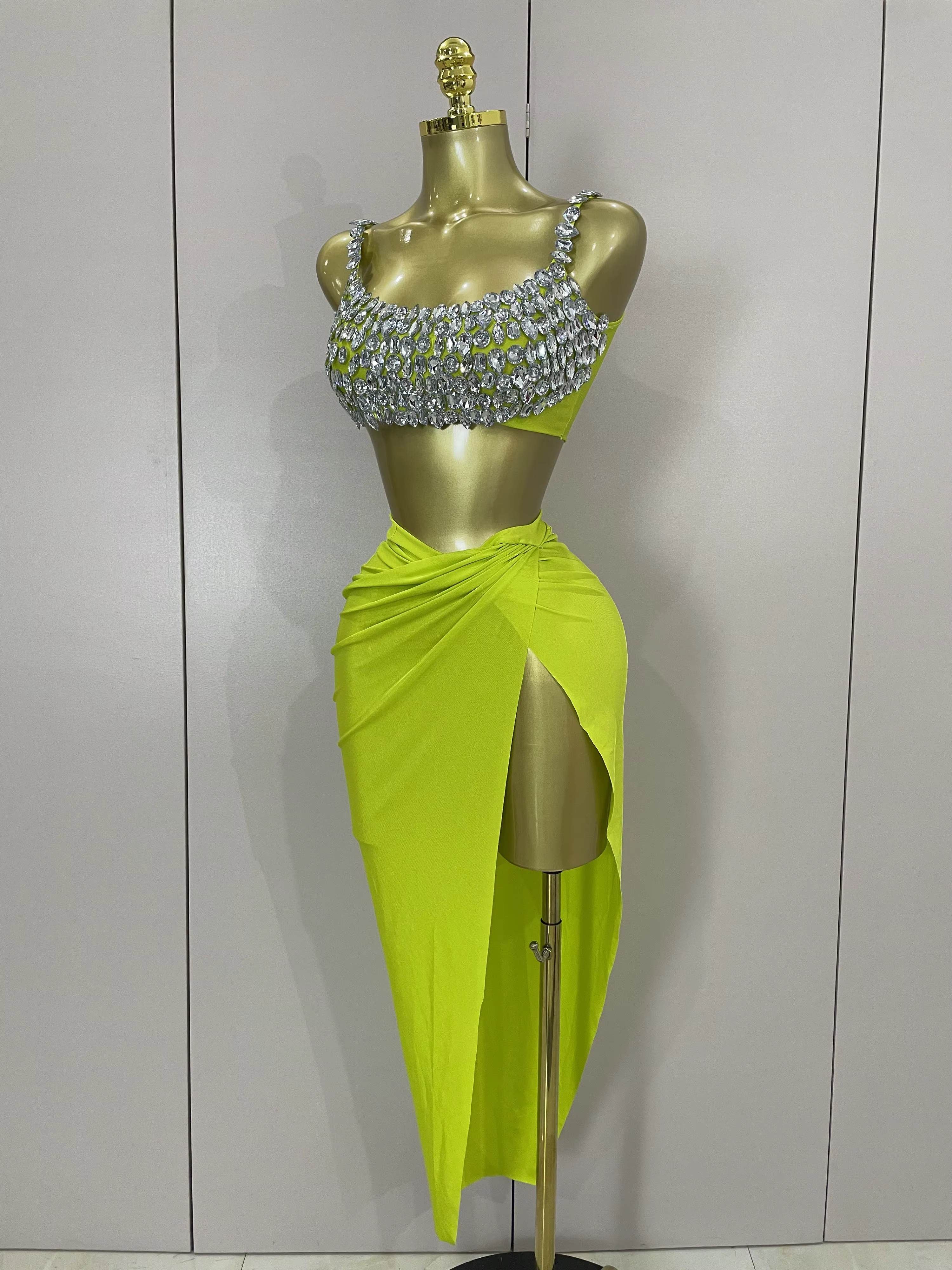 Ensemble deux pièces Sexy avec diamants en cristal scintillant pour femmes, Costume de spectacle sur