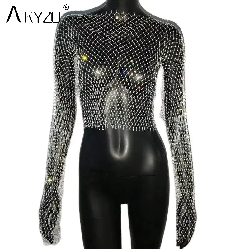 T-shirt en résille transparent pour femmes, Sexy, paillettes, strass, maille creuse, manches longues