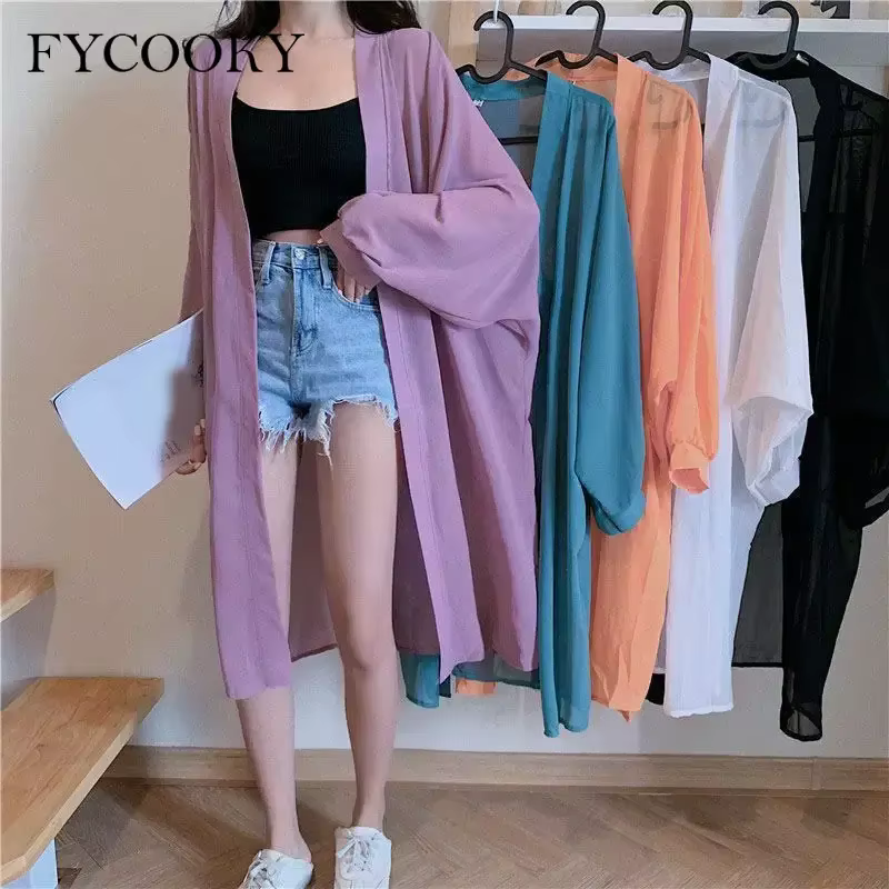 Cardigan à manches lanterne pour femme, vêtements de protection UV, veste chic coréenne, basique en 