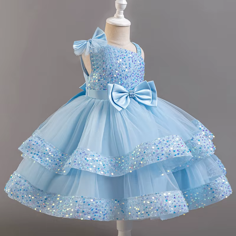 Robe de princesse en maille pour filles, avec nœud à paillettes, col irrégulier, pour fête d'anniver