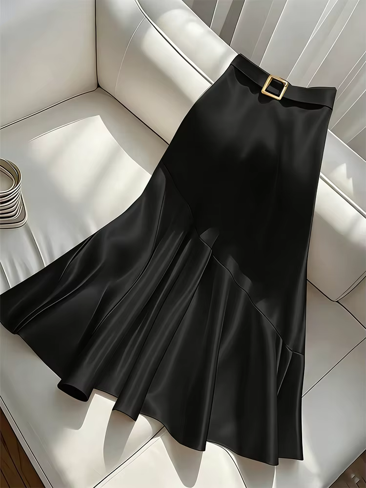 Demi-jupe trapèze en Satin pour femmes, nouveau Design Premium, élégant, couleur Pure, ceinture, col
