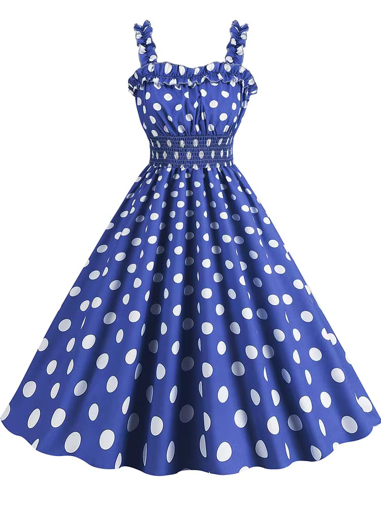 Robe mi-longue froncée à pois roses pour femmes, bretelles spaghetti, vintage, décontracté, imprimé,