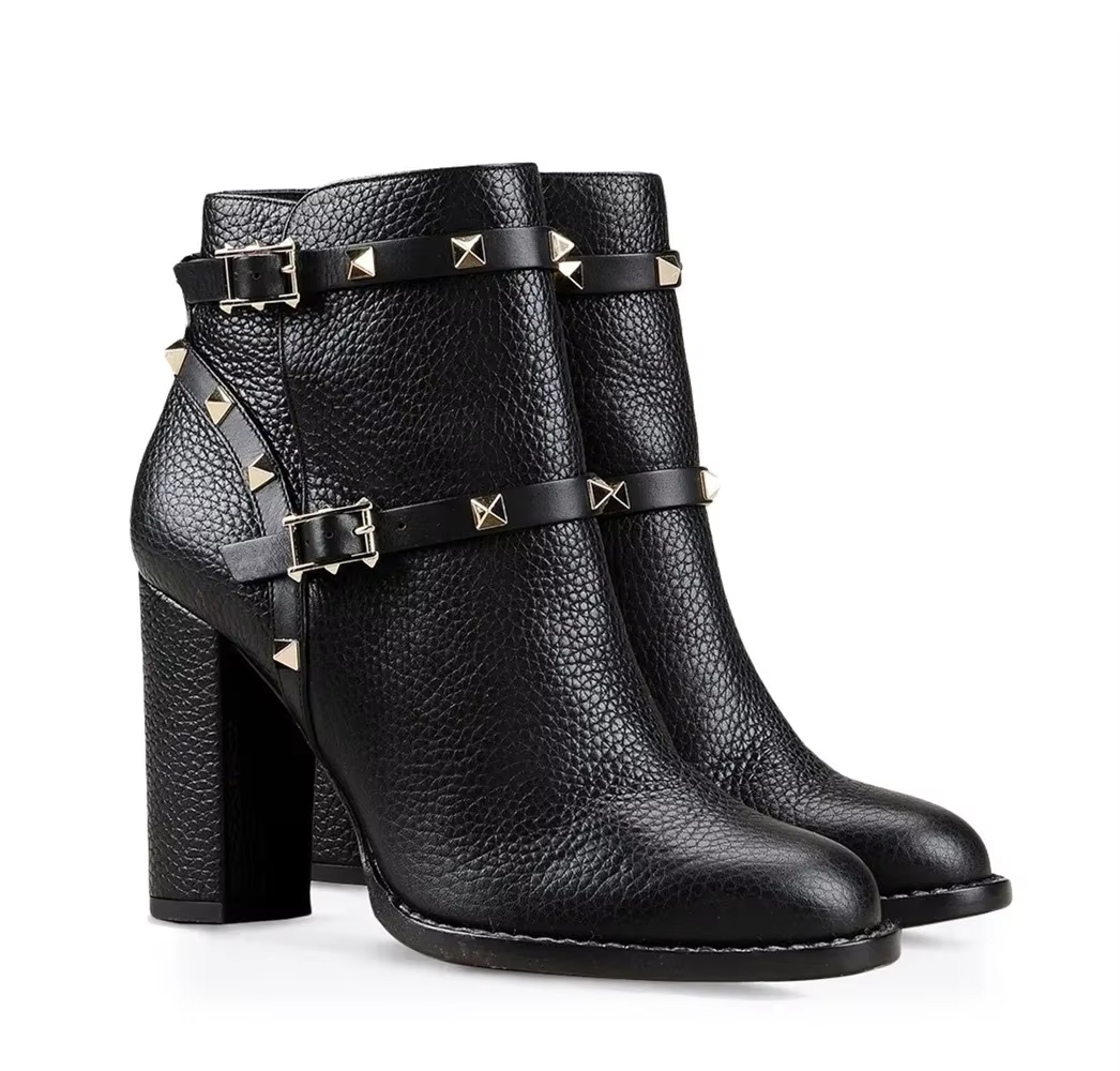 Bottines à rivets en cuir véritable pour femme, bottes courtes à talons épais et bout rond avec bouc