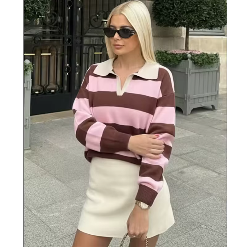 Pull tricoté rayé col polo pour femme, nouvelle collection 2026, mode printemps, coupe ample, élégan