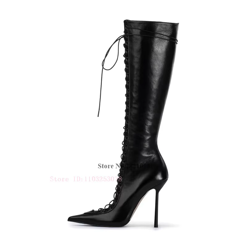 Thin Heeled Blue Denim Jeans Cut-Out Pointed Toe Front Lace-Up Fastening 120Mm Stiletto Heel Boots W