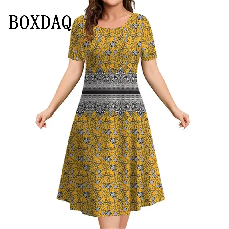 Robes vintage à imprimé floral 3D pour femmes, pull décontracté à manches courtes, robes grande tail
