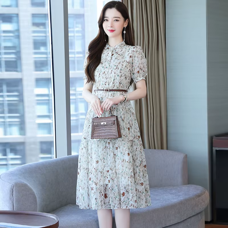 Robe mi-longue en mousseline de soie à fleurs pour femmes, manches courtes, mode décontractée, robe