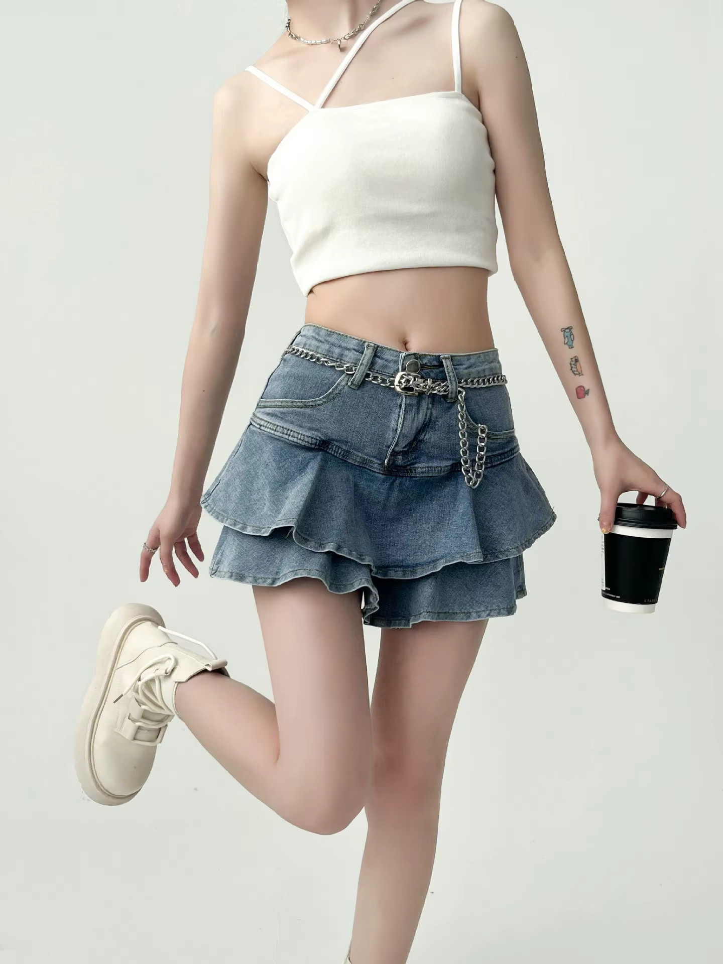 Spice Girls jupe en jean anti-dérapant Double jupe en jean femme extensible taille haute minceur a-l