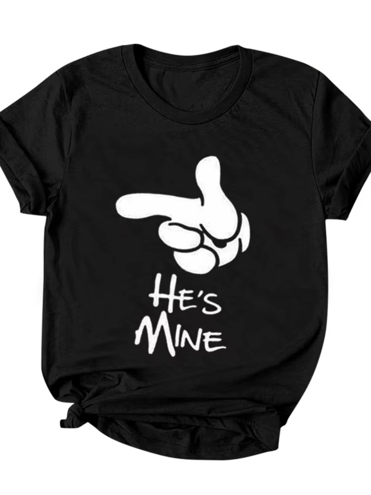 T-shirt manches courtes col rond pour couple, I'M Hers He's Succion Print, T-shirt à la mode pour le