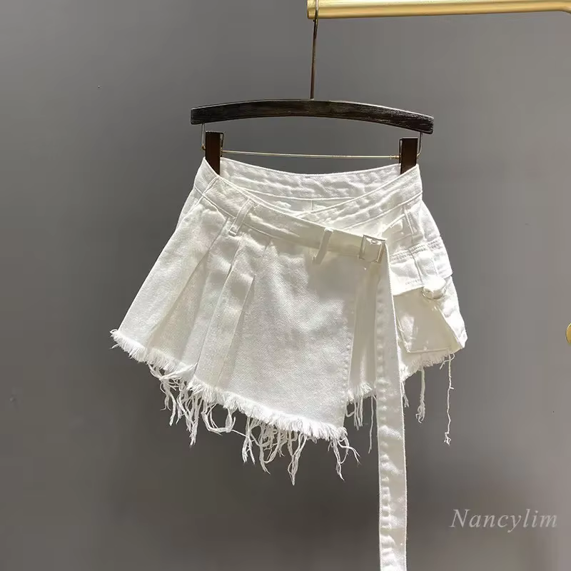 Mini jupe en jean rose irrégulière pour femme, taille haute, amincissante, faux deux pièces, vêtemen
