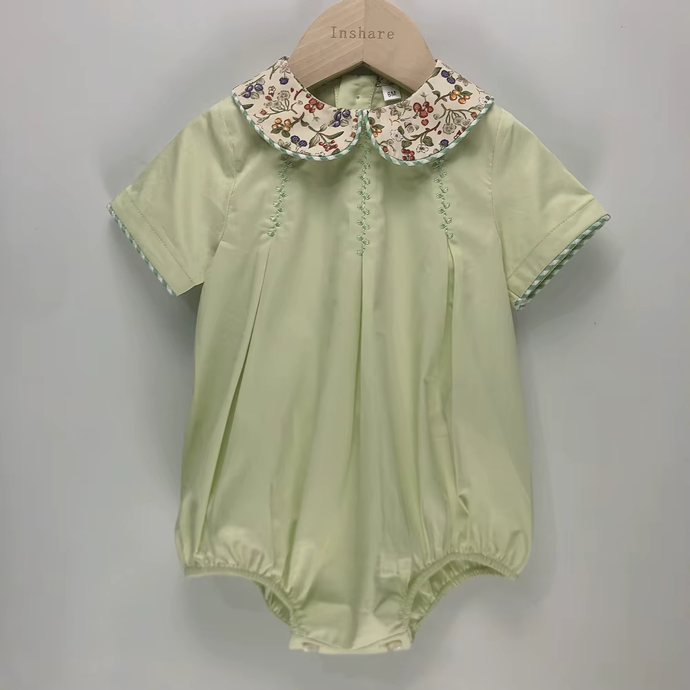 Vêtements de Boutique pour Enfant, Barboteuse à Manches Courtes en Coton Vert, Imprimé Floral, Col à
