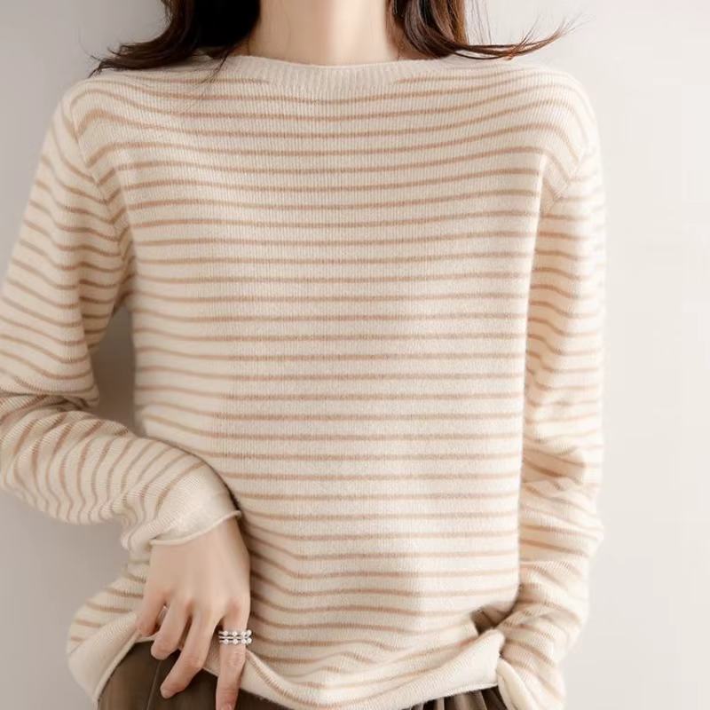 Pull décontracté à manches longues pour femmes, pulls rayés à col rond, pull basique, tricots chauds