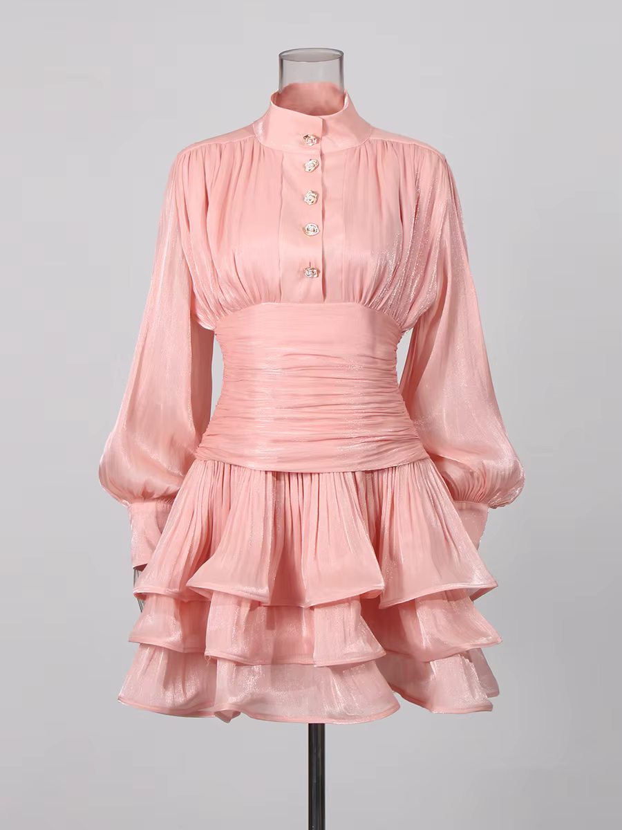 TWOTWINSTYLE élégant minceur épissé volants plis Mini robes pour les femmes col montant manches long