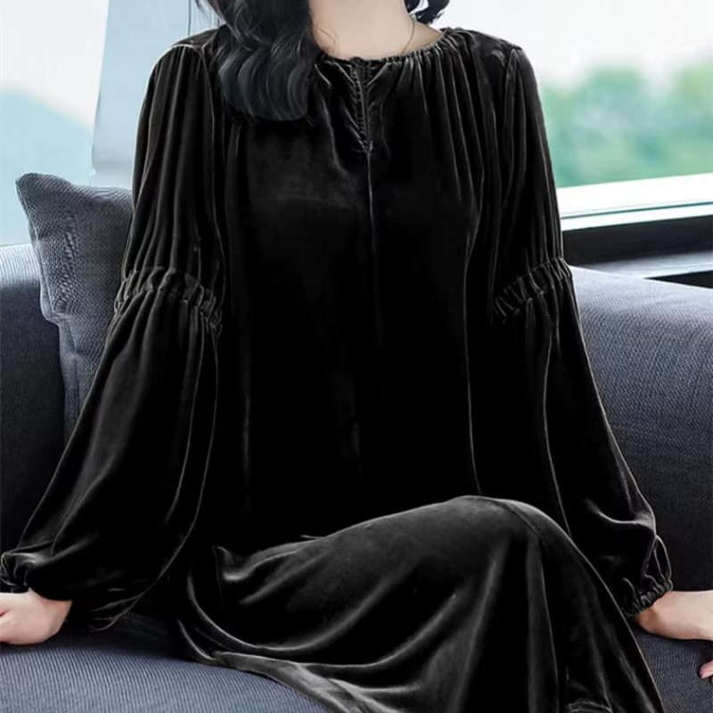 Robe de soirée élégante 2026, style vintage, manches lanternes, en velours, pour femme, collection a