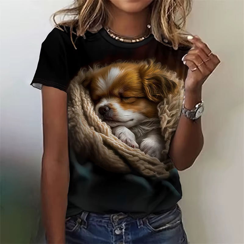 T-shirt imprimé en 3D Kawaii chat chien pour femmes, t-shirts graphiques animaux drôles, t-shirts d'