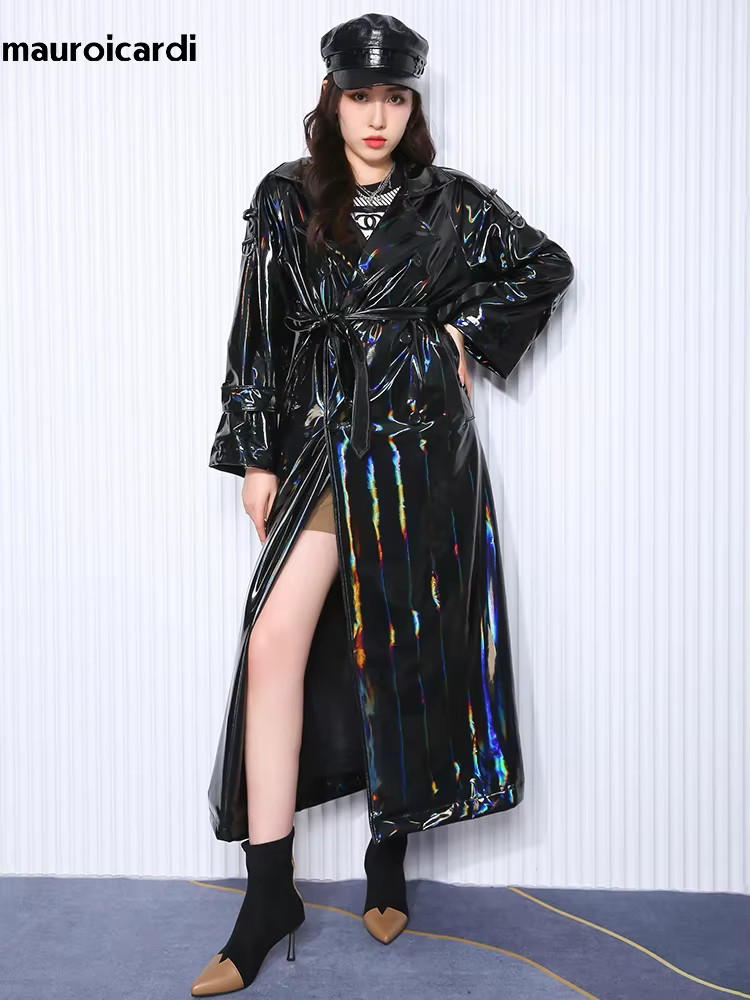 Mauroicardi printemps doux mince fluide brillant réfléchissant holographique noir PVC Faux cuir Tren