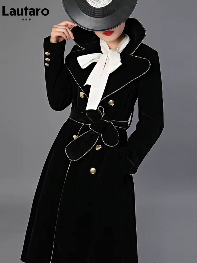 Lautaro-Manteau long en velours noir pour femme avec ceintures dorées, double boutonnage, mode de cr