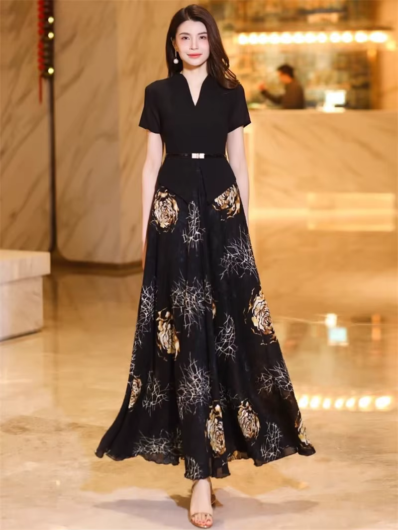 Robe d'été élégante à manches courtes, faux robe deux pièces haut de gamme, nouvelle mode imprimée, 