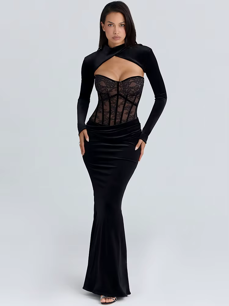 Mozision – robe Maxi Sexy en dentelle pour femmes, manches longues, dos nu, élégante, imprimée, épau