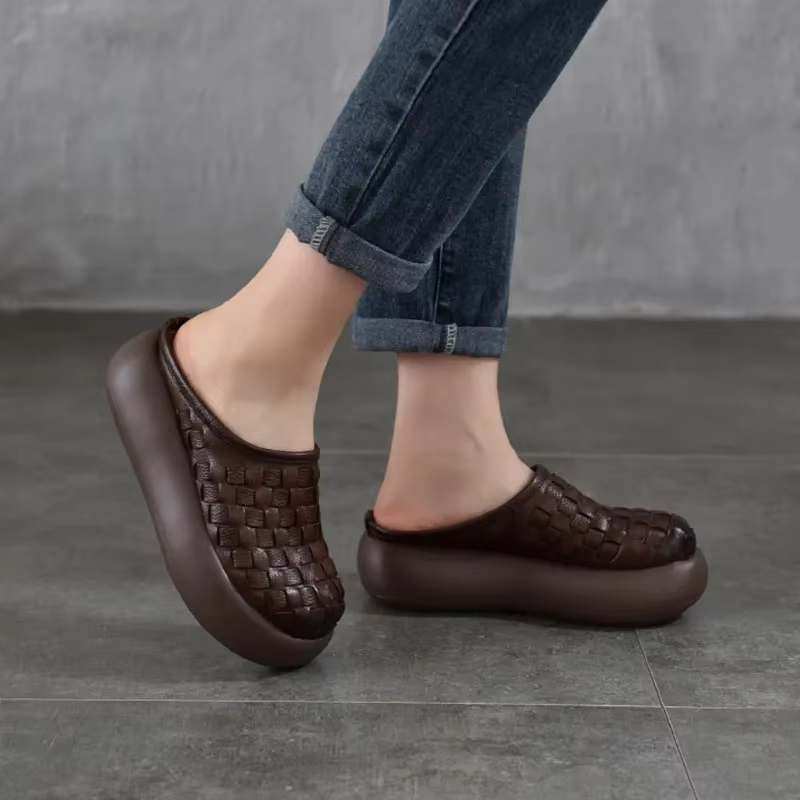 Careaymade – pantoufles à plateforme en cuir véritable rétro tissé à bout rond pour femmes, chaussur