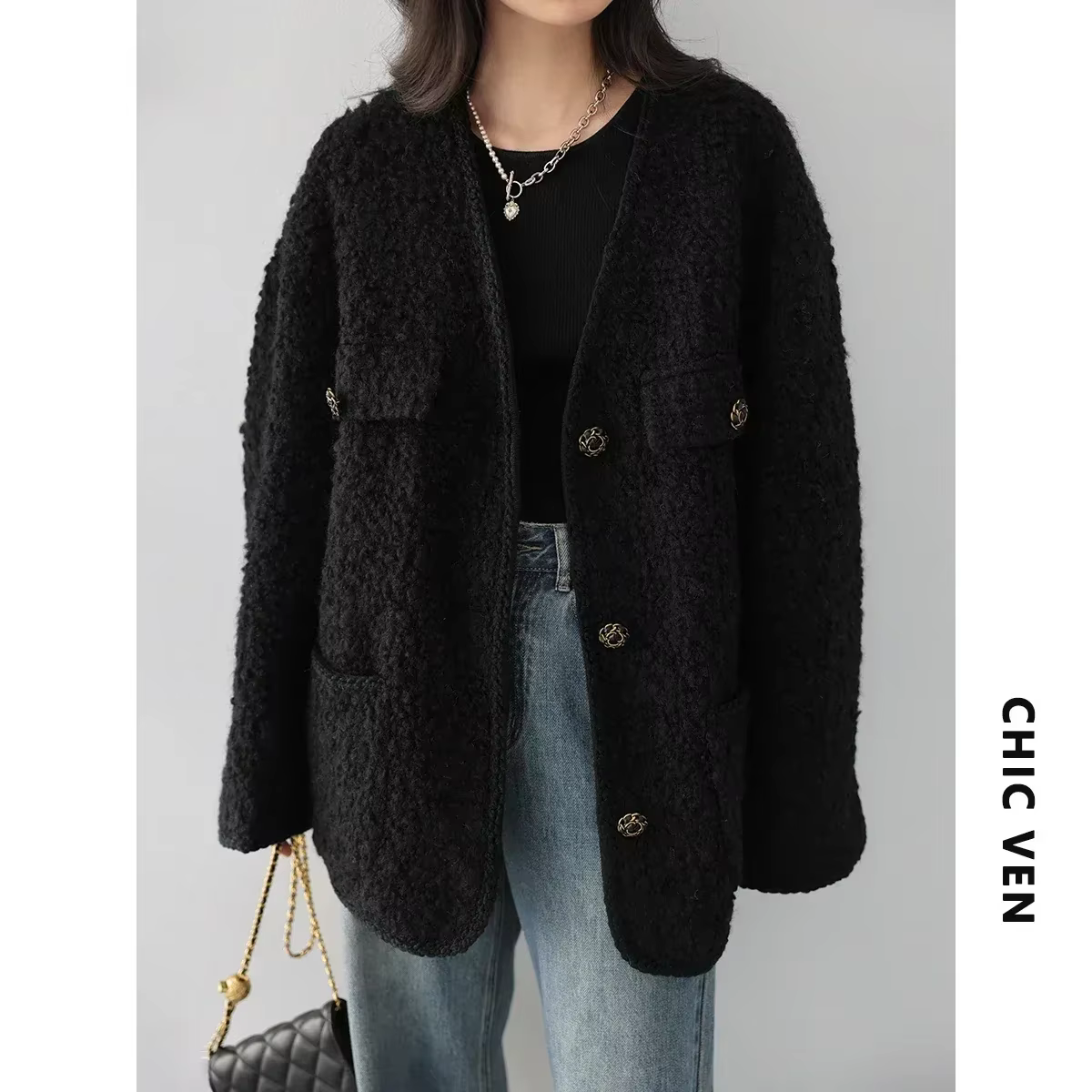 CHIC VEN – manteau en laine pour femme, veste Vintage à simple boutonnage, col en v, pardessus de bu