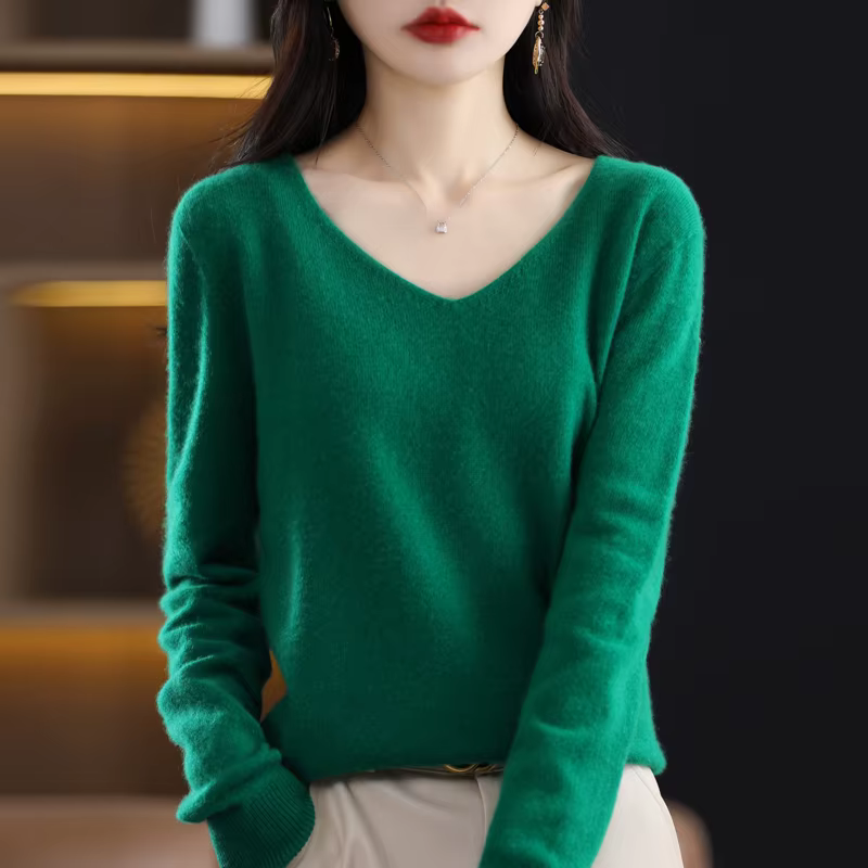 Pull en cachemire à col en V pour femme, 100% laine mérinos, pull basique, manches longues, tricots 