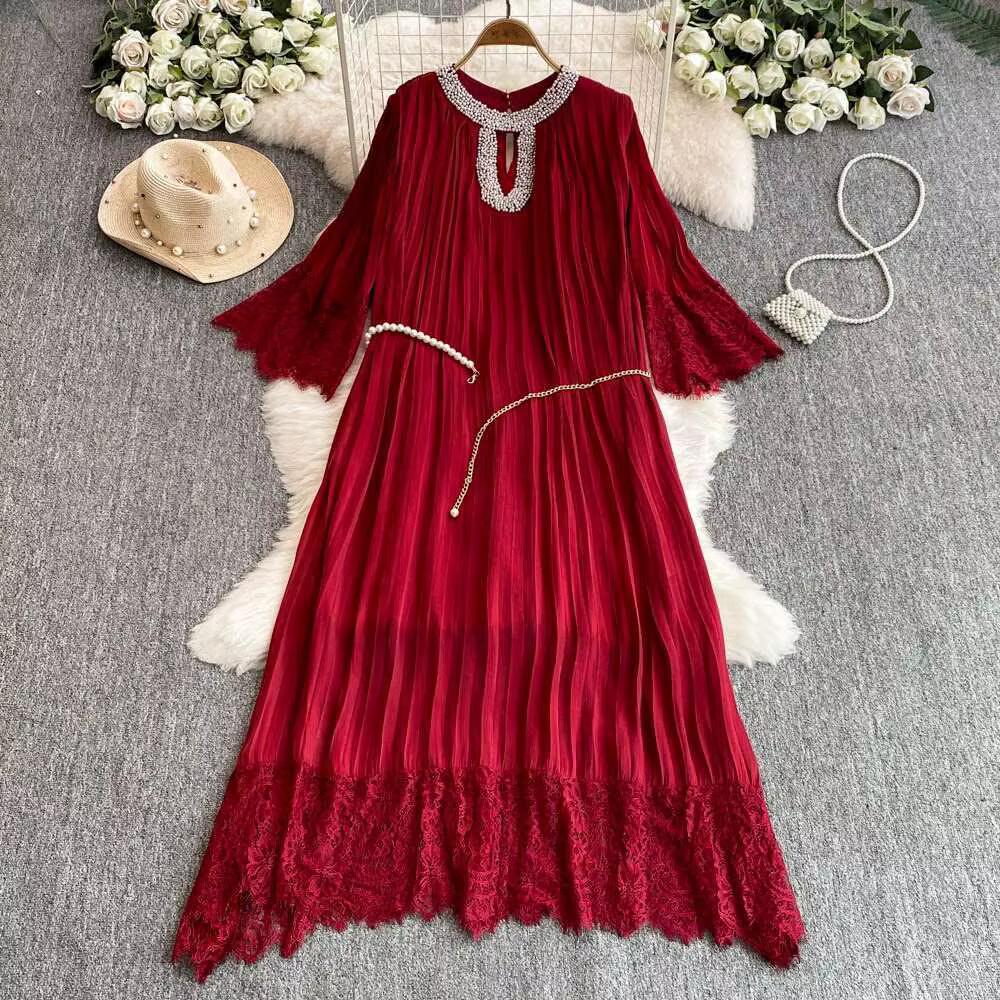 Robe Longue Plissée en Mousseline de Soie pour Femme, Luxueuse, Élégante, Perles de Clip, Ceinture, 