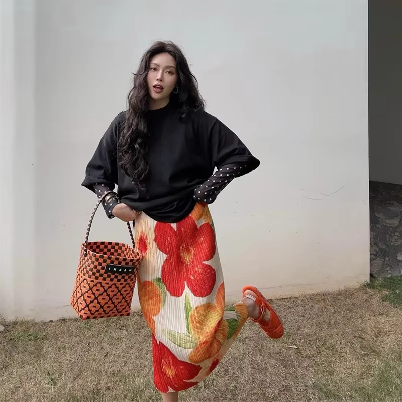 Jupe mi-longue à imprimé floral vintage pour femmes, jupes plissées fendues élégantes, jupe trapèze 