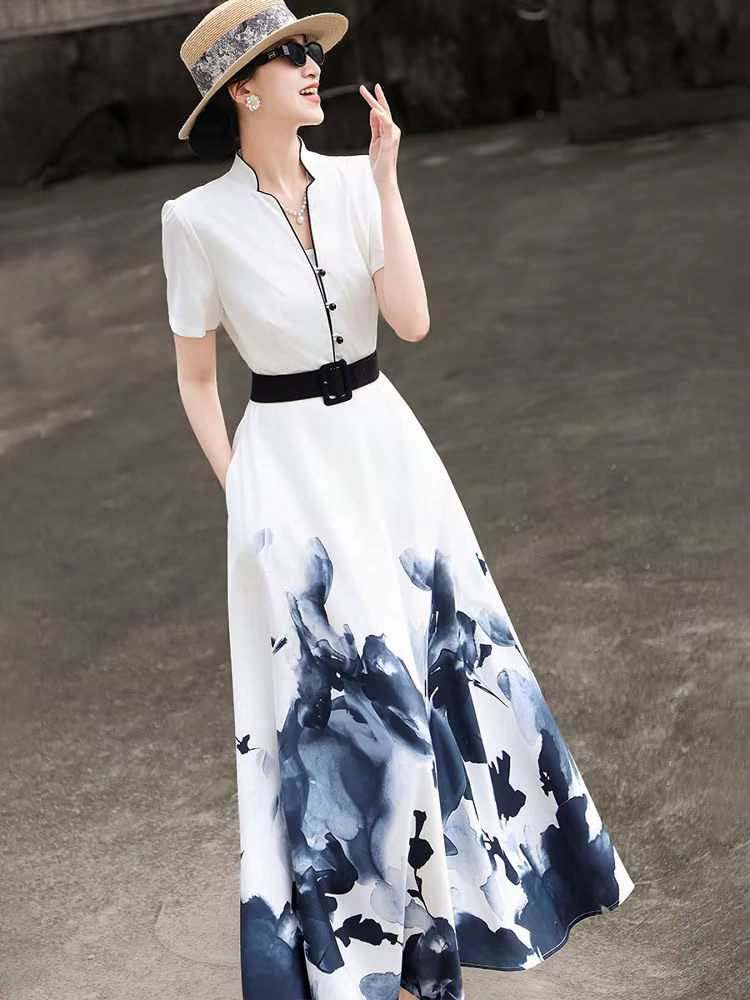 MEXCOCO 2026 Nouvelle collection été – Robe évasée élégante à manches courtes imprimé peinture à l'e