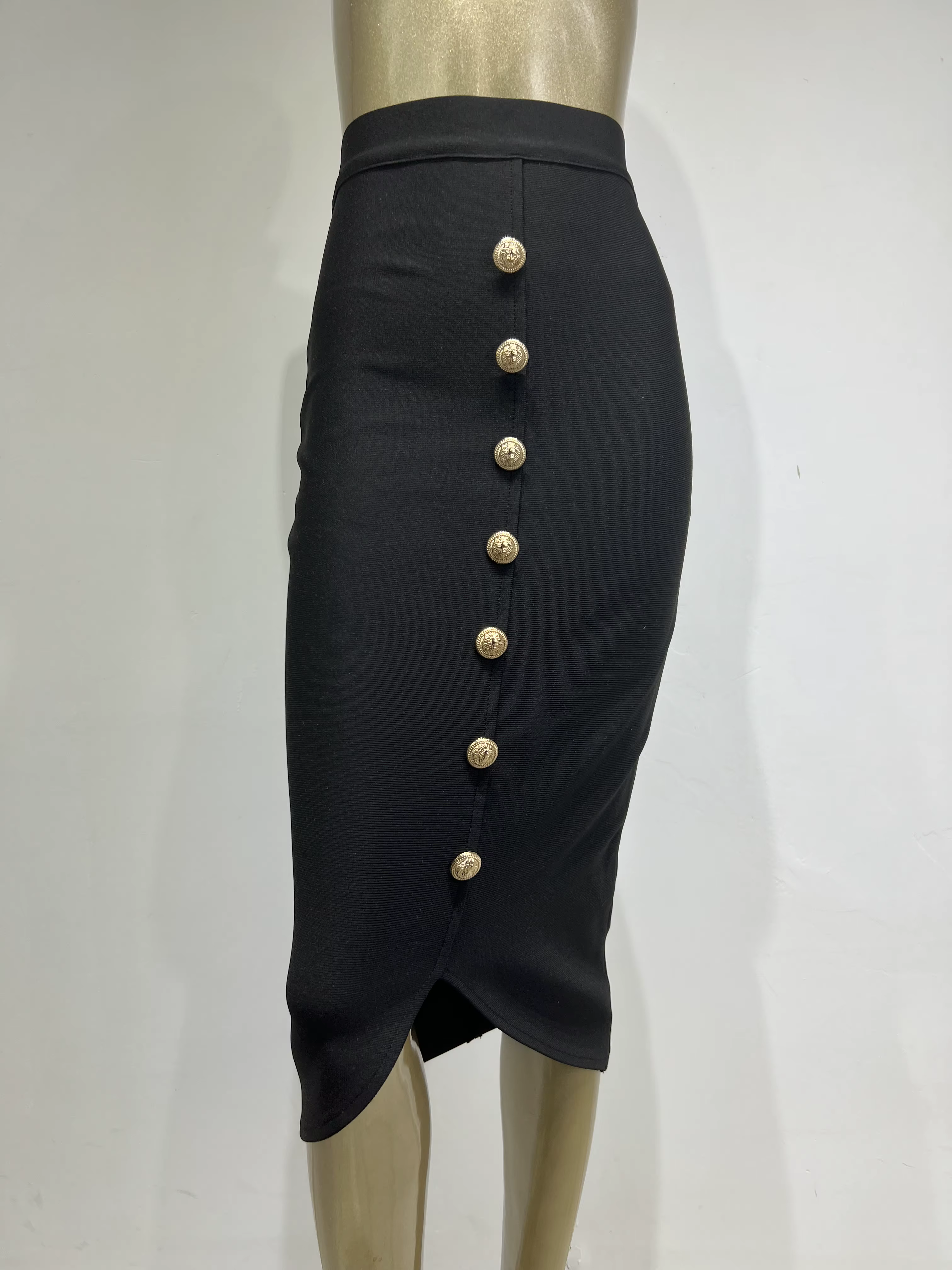 Jupe mi-longue noire à bandes pour femmes, moulante, de styliste, taille haute, fête, bureau, élégan