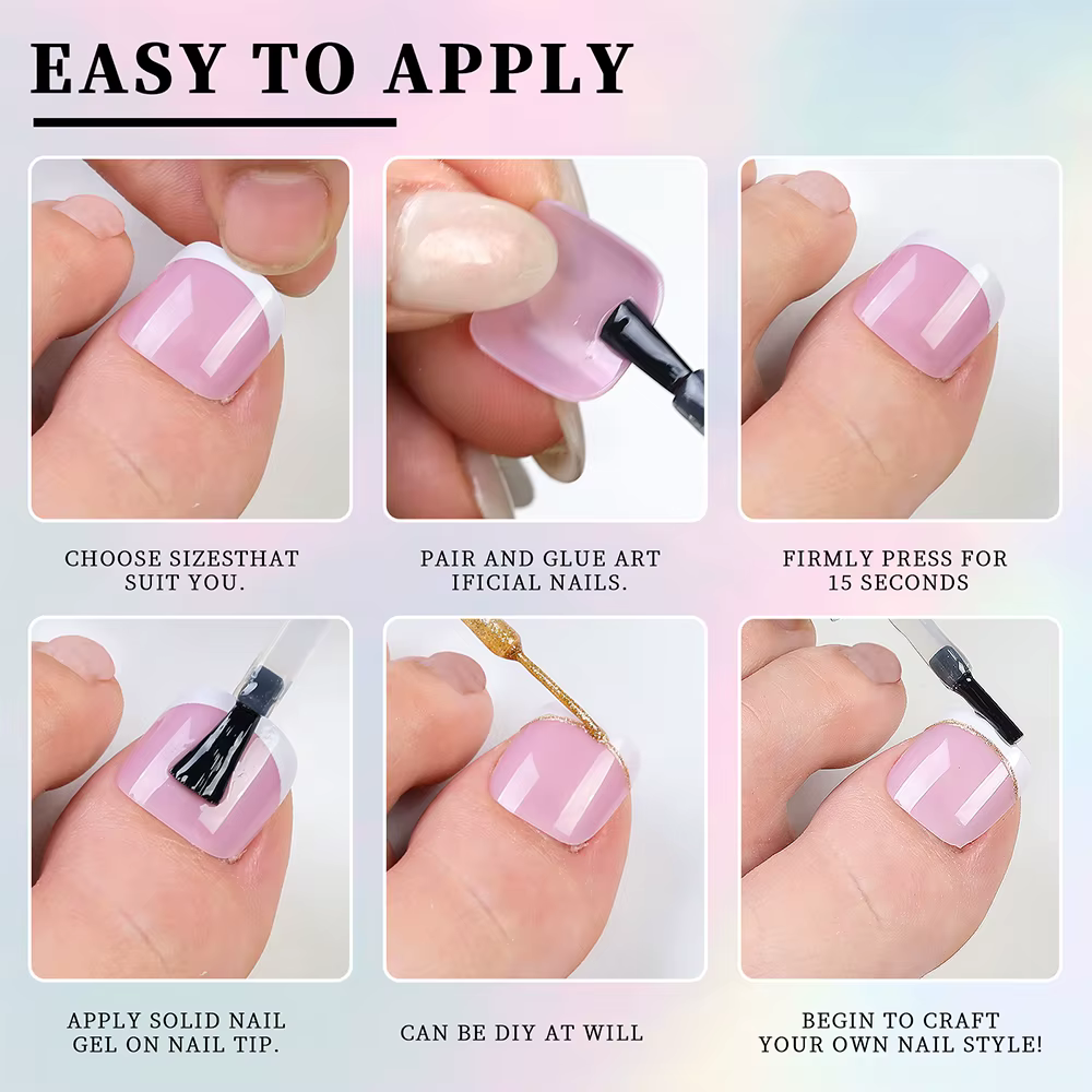 Faux ongles français à pression rose/nu, 120 pièces, brillants, courts, carrés, couverture complète,