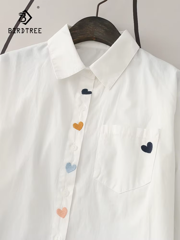 Chemises blanches brodées de coeur pour femmes, col rabattu, chemisier décontracté, manches longues,