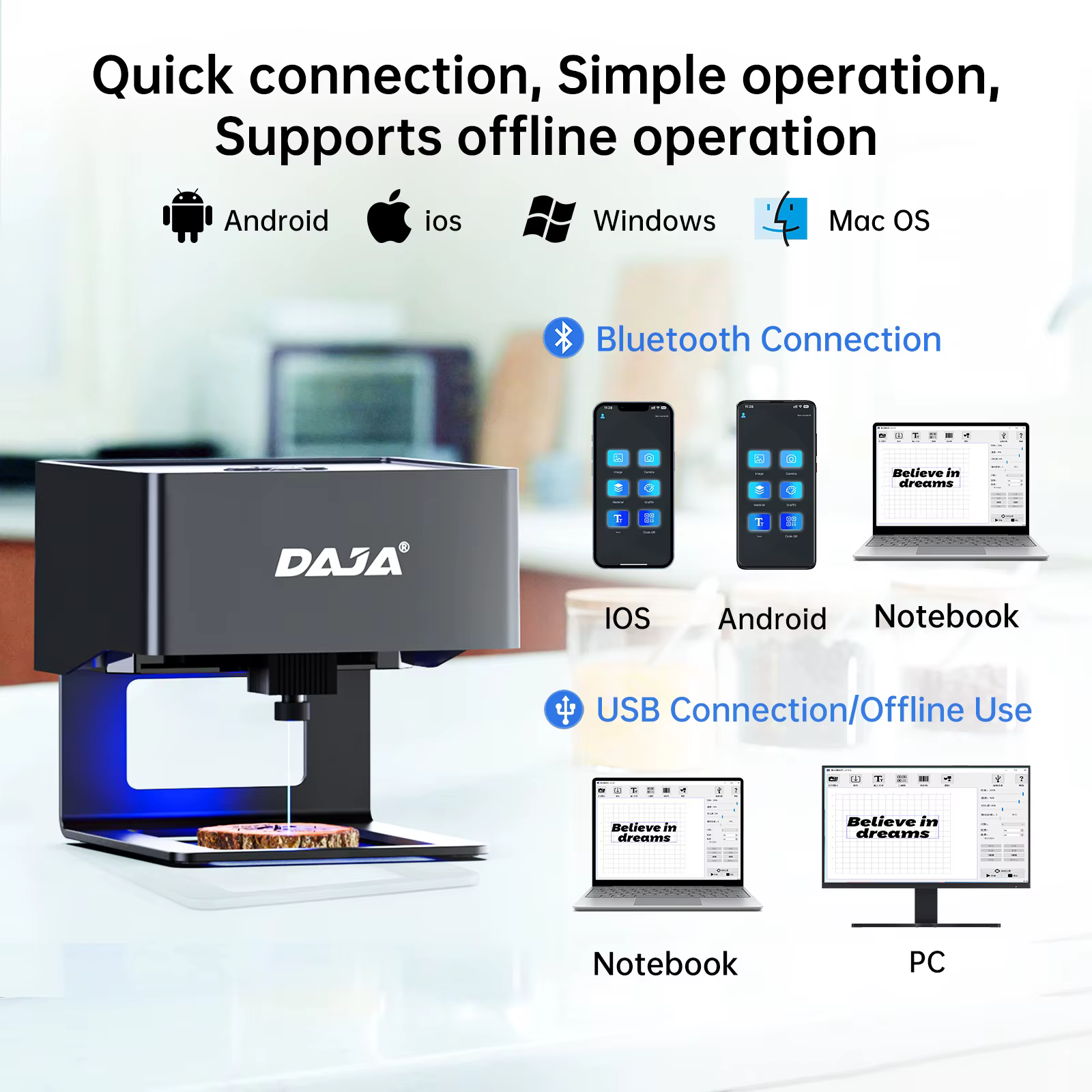 DAJA DJ6 Mini graveur Laser Portable bricolage Bluetooth Machine peint chien étiquette papier cuir e