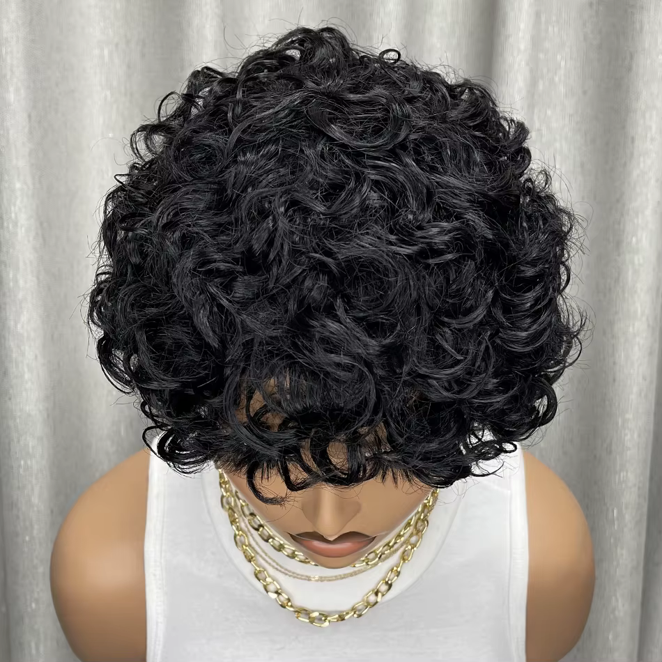 Perruque de cheveux humains crépus bouclés, Bob court avec frange pour femmes noires, faite à la Mac