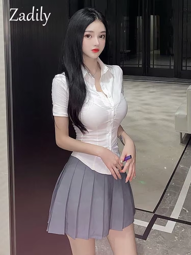 Zadily femmes coupe ajustée chemise blanche Style coréen à manches courtes Sexy bureau Blouse été 20