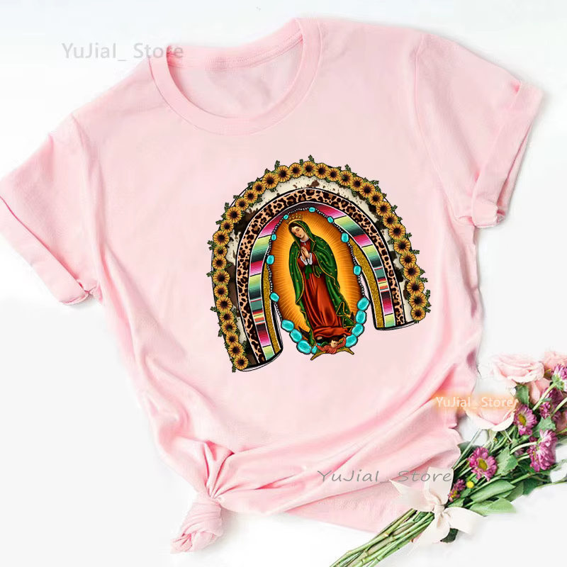 Léopard vierge marie Guadalup imprimer t-shirt filles mode d'été jésus rose t-shirt femmes Harajuku 