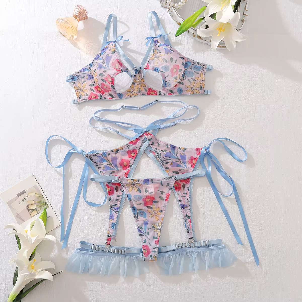 Soutien-gorge évidé à fleurs vintage pour femmes, jarretière de paupières, ceinture assortie, linger