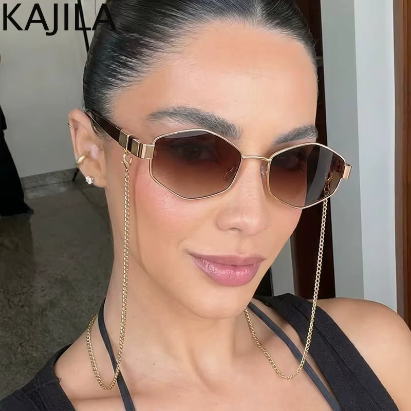 Lunettes De soleil hexagonales à petite monture pour femmes, Sexy, avec chaîne, marque De luxe De st
