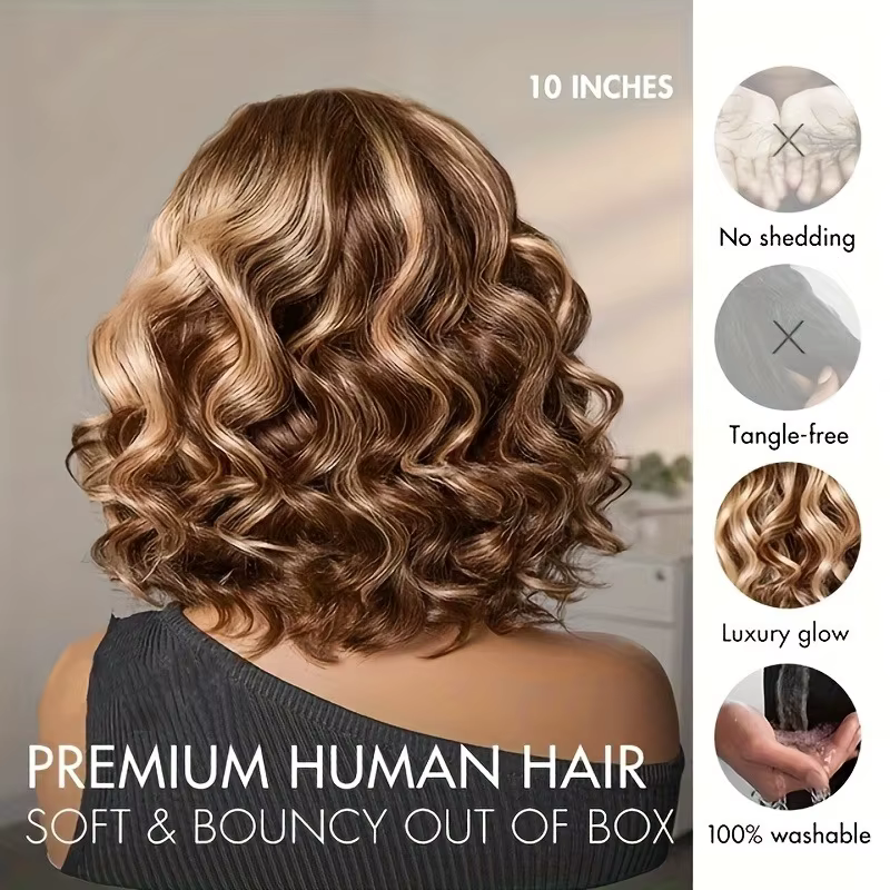 Perruque Bob Ombrée Cheveux Humains 4/27 Mèches Blond Miel Ondulées Profondes Perruques Bob Lace Fro