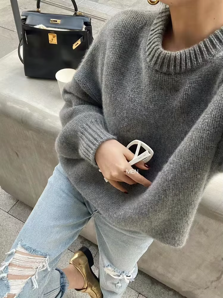 Pull haut de gamme 100% pur cachemire pour femme, ample, doux, cireux, vent paresseux, col rond, épa