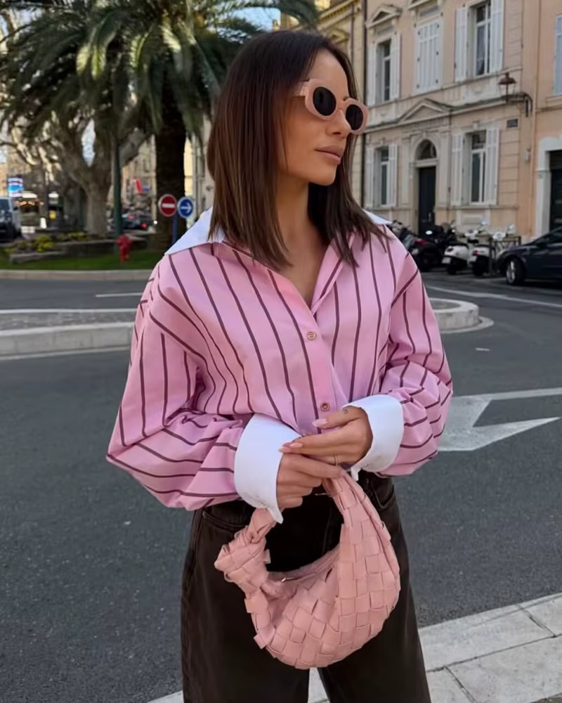 Chemise Femme 2026 Nouvelle Collection Printemps-Été, Chemise Ample Rayée Rose à Poignets Contrastan