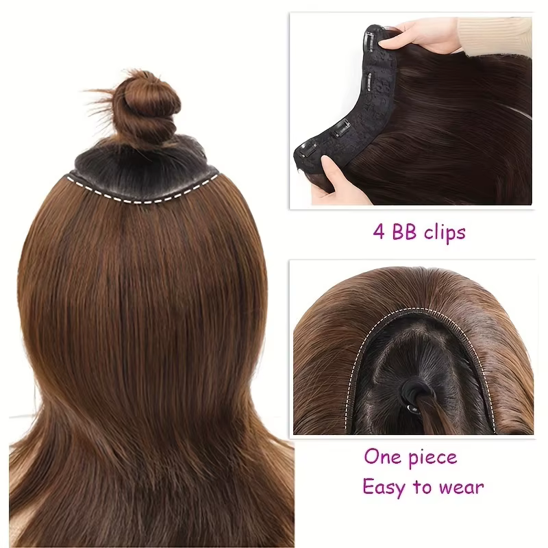 Extension capillaire synthétique courte et lisse, 20/30cm, demi-tête en forme de V, 4Clips, postiche