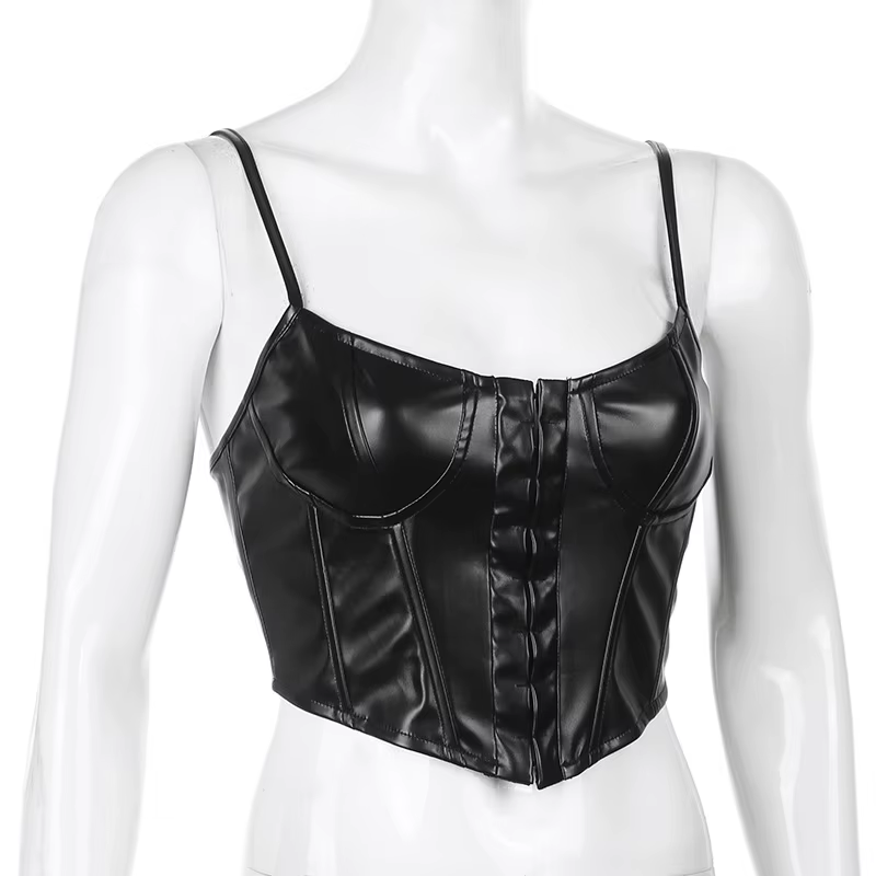 Corset femme Sexy noir en cuir PU Bustier haut court mode dame sans manches sangle Camis Clubwear ét