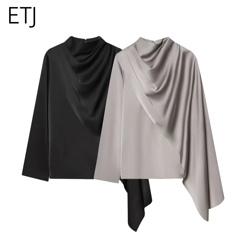 ETJ 2026 printemps nouveau femmes élégant mode châle design satin drapé haut asymétrique froissé che