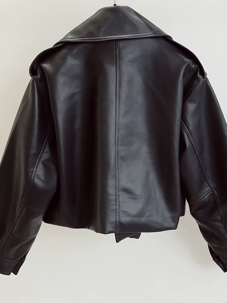 FTLZZ blouson de motard en similicuir femme, col rabattu, PU, Streetwear, ample, vêtement d'extérieu