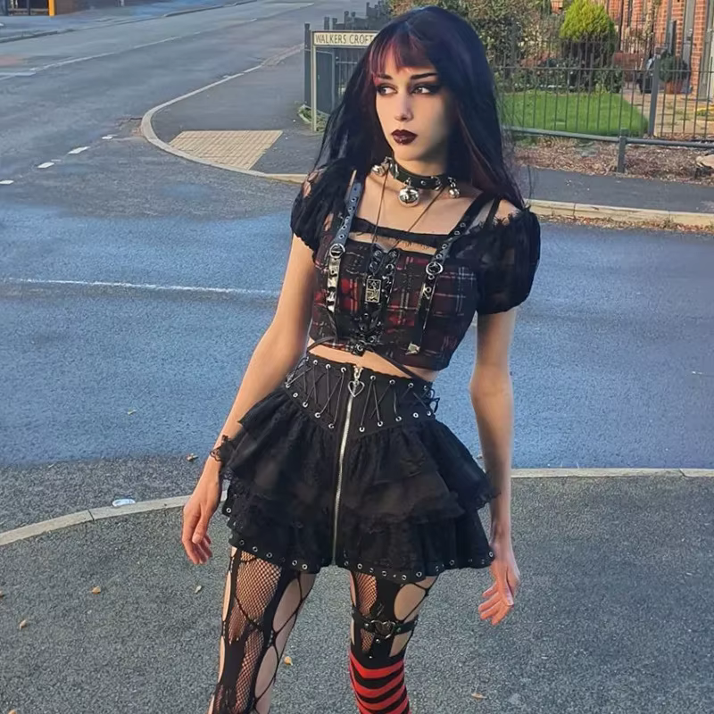 Jupe taille haute vintage punk pour femmes, fermeture éclair sur le devant, style japonais Kawaii, H