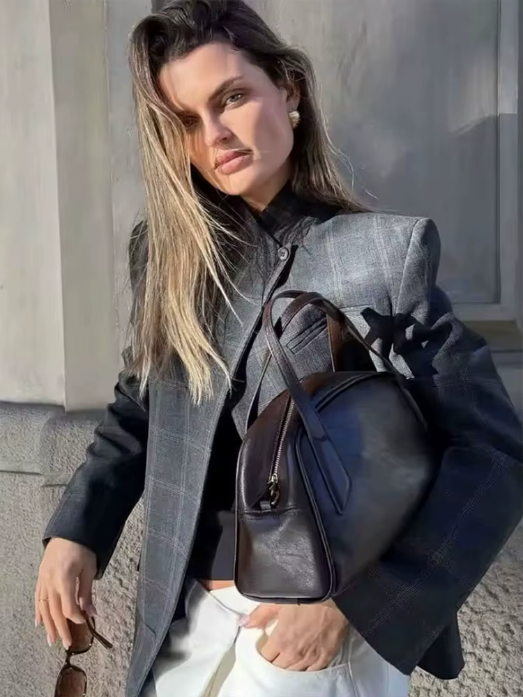 HH Blazer à carreaux pour femme, col montant, manches longues, veste décontractée chic pour le burea