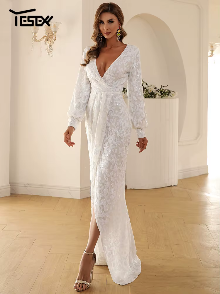 Yesexy 2026 Nouvelle Robe de Soirée Formelle à Col en V et Manches Longues avec Fente pour Mariage, 